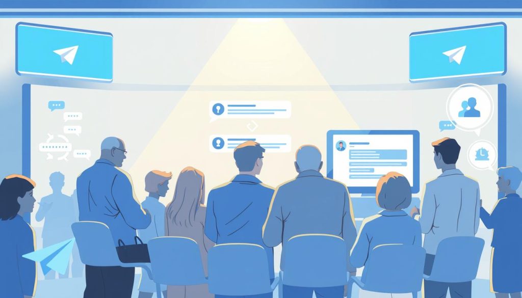 A brightly lit, high-resolution illustration showcasing the key differences between Telegram channels and groups. In the foreground, a group chat with multiple participants exchanging messages, while in the background, a single-author channel broadcasting information to its subscribers. The scene should emphasize the distinct purposes and functionalities of these two Telegram communication tools, with clean, modern visuals and a cool, minimalist color palette to match the technology theme. Detailed icons or infographic-style elements could be used to highlight the specific features that distinguish channels from groups. The overall composition should be visually engaging and effectively communicate the core concepts described in the section title.