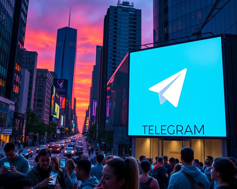 A busy cityscape at dusk, with the iconic Telegram app logo prominently displayed on a large digital billboard. The foreground features a group of people animatedly using their smartphones, their faces illuminated by the soft glow of the screen. In the middle ground, a bustling street with cars and pedestrians, while the background showcases the silhouettes of towering skyscrapers against a vibrant, dusky sky. The scene conveys a sense of modern connectivity and the widespread use of Telegram as a popular messaging and video sharing platform.