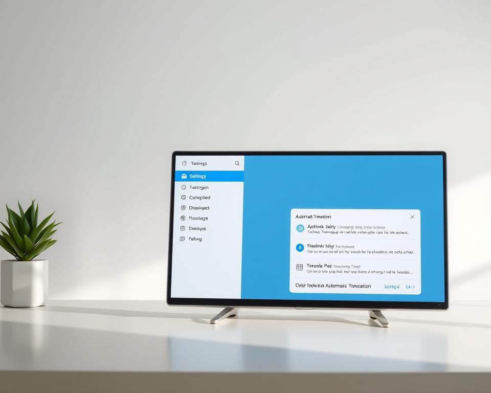 A clean, modern desktop interface with a Telegram app window prominently displayed. The window shows the "Settings" menu with the "Automatic Translation" option highlighted. In the background, a series of chat bubbles represent multilingual conversations, hinting at the translation functionality. The lighting is soft and diffused, creating a calm, professional atmosphere. The camera angle is slightly elevated, giving a sense of overview and control. The overall composition conveys the concept of effortless cross-language communication through Telegram's built-in translation capabilities.