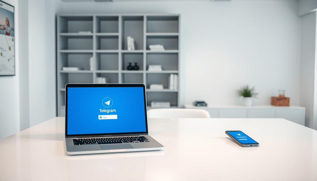 A clean, modern office environment with a large desk. On the desk, a laptop computer and a smartphone, both showing the Telegram login screen. The lighting is bright and even, with a soft, natural glow. The scene has a minimalist, professional aesthetic, conveying a sense of focus and productivity. In the background, a sleek, contemporary bookshelf holds a few well-organized books and decorative items. The overall mood is one of technological sophistication and problem-solving.