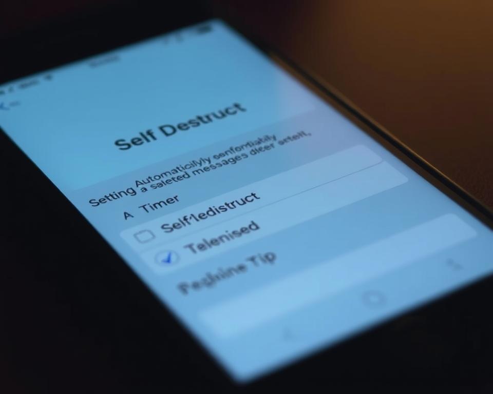 A close-up of a smartphone screen displaying the Telegram app's "Self-Destruct" feature settings. The screen is dimly lit, with a soft, bluish tint to create a subtle, confidential atmosphere. The interface is clean and intuitive, with clearly labeled options for setting a timer to automatically delete sent messages after a specified duration. The background is blurred, keeping the focus on the phone's display and the self-destruct functionality.