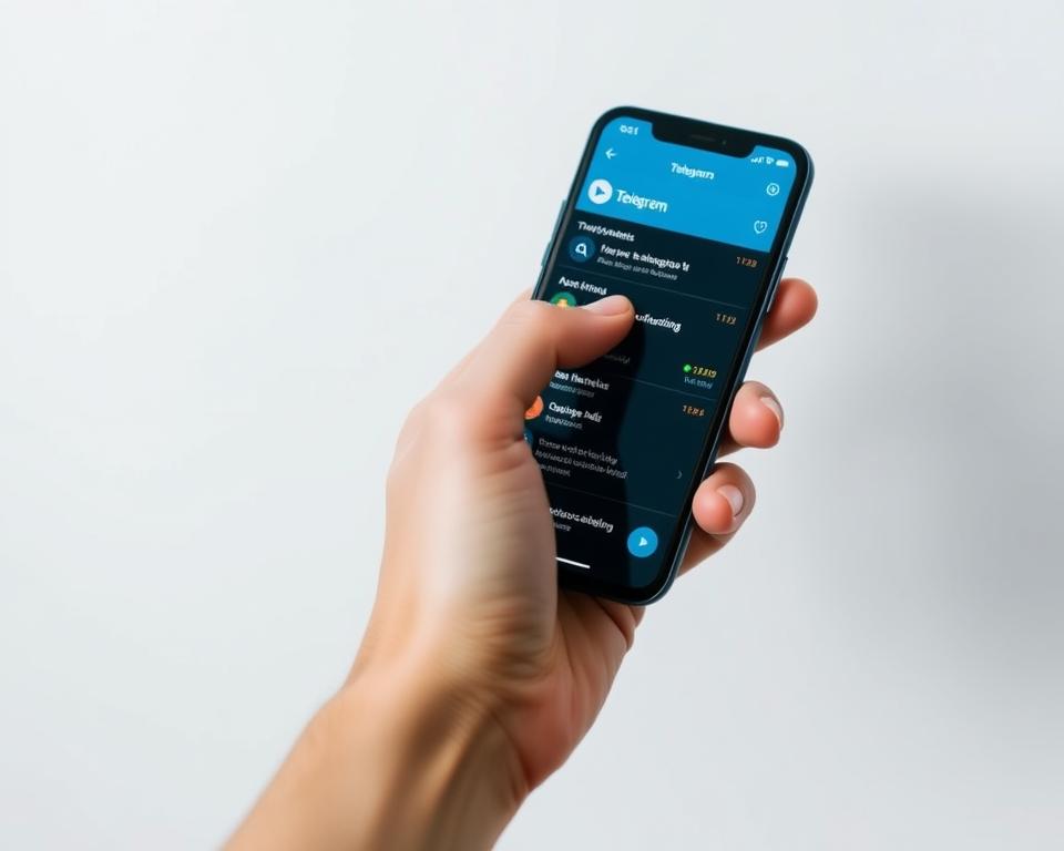 A close-up shot of a person's hand using a smartphone to navigate the Telegram app interface. The hand is held against a plain, minimalist background, creating a focused, uncluttered composition. The screen of the smartphone displays the Telegram user interface, showcasing various features and functionalities that enable efficient user engagement and growth. The lighting is soft and diffused, accentuating the clean, modern aesthetic. The overall tone is one of simplicity, productivity, and the seamless integration of technology into everyday life.