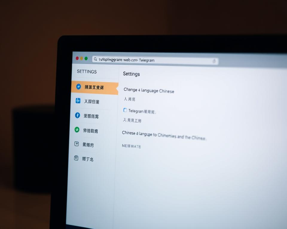 A close-up view of a computer screen displaying the Telegram web app settings menu, with the language options prominently featured. The screen is bathed in a soft, warm lighting, creating a calming and focused atmosphere. The settings interface is clean and intuitive, with clear labels and icons guiding the user through the process of changing the language to Chinese. The background is slightly blurred, drawing the viewer's attention to the main task at hand - configuring the Telegram web application to use the Chinese language. The overall composition conveys a sense of simplicity and ease of use, reflecting the instructional nature of the article's section on setting up the Telegram web app in Chinese.