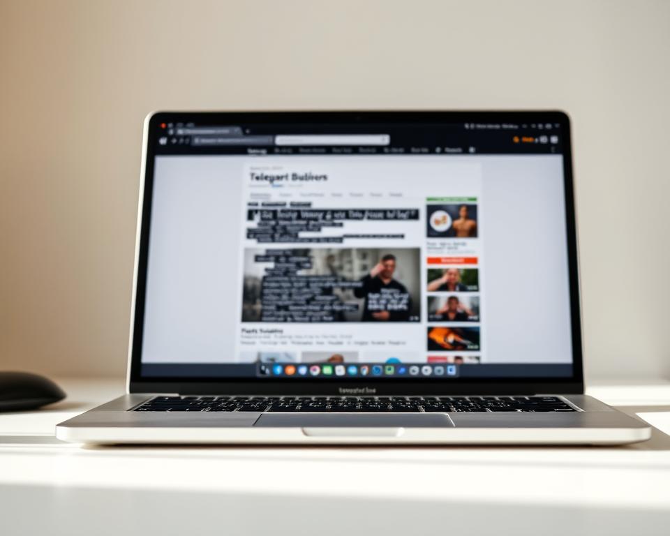 A close-up view of a laptop screen displaying a web browser with a focus on the compatibility issues in the Telegram web version. The screen shows a website with various elements misaligned, overlapping, or not rendering properly. The laptop is positioned on a clean, minimalist desk with a neutral-colored background, creating a sense of professionalism and attention to detail. The lighting is soft and natural, highlighting the screen's contents without any harsh shadows or glare. The overall mood is one of technical troubleshooting and problem-solving, conveying the challenges and complexities involved in ensuring a seamless user experience on the Telegram web platform.