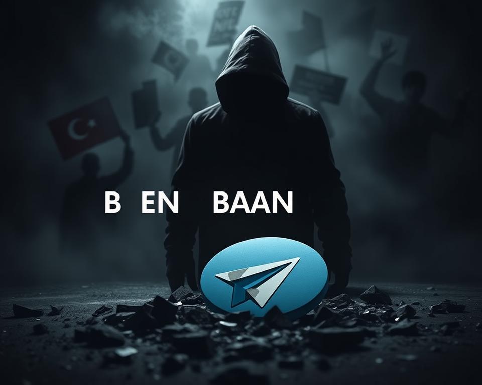 A dark and ominous scene of the reasons behind the ban on Telegram. In the foreground, a shadowy figure representing government surveillance and censorship looms large, casting an oppressive aura. In the middle ground, a Telegram logo lies shattered, symbolizing the app's suppression. The background is shrouded in a haze of uncertainty, with silhouettes of people protesting the ban, their voices muted. The lighting is dramatic, with deep shadows and a muted color palette, conveying the gravity of the situation. The overall mood is one of unease and the struggle for digital freedom, as the image captures the complex web of political, security, and social factors that have led to Telegram's prohibition in certain regions.