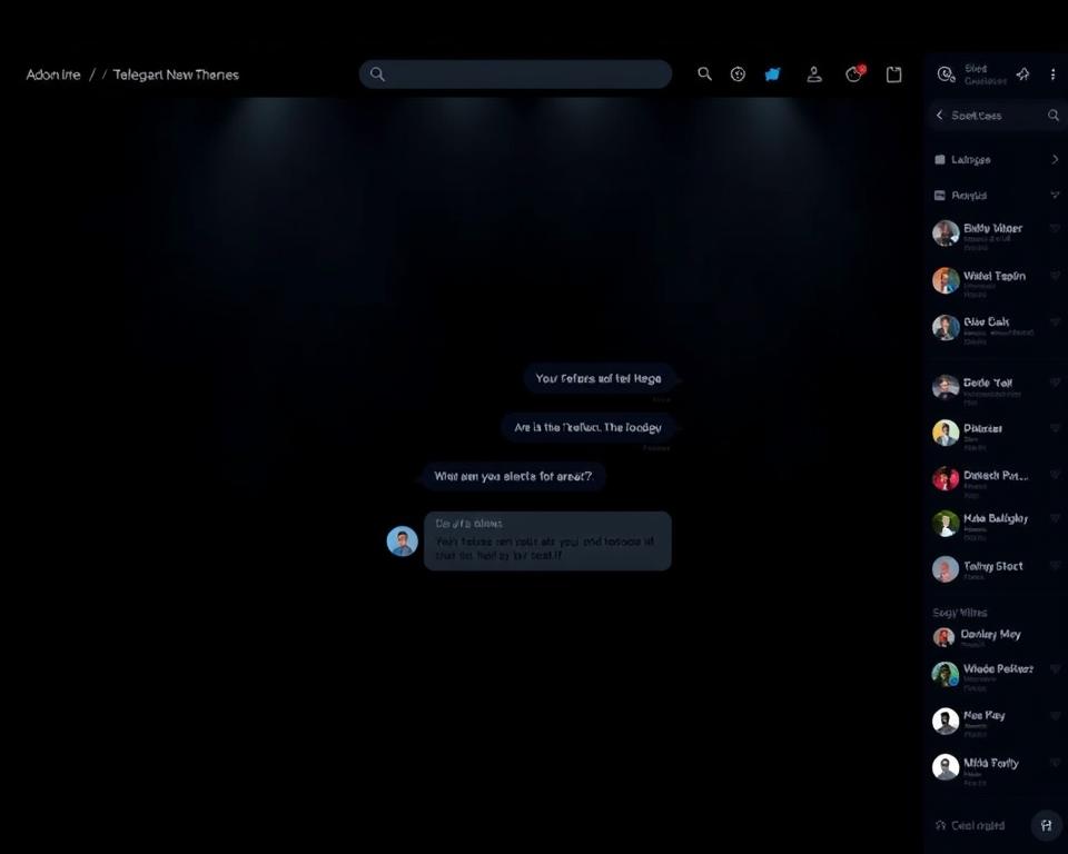 A dark, moody Telegram interface with a sleek, minimalist design. The main screen features a central chat window with a conversation in progress, the message bubbles and UI elements rendered in shades of gray and black against a deep, inky background. Subtle lighting from the sides casts dramatic shadows, creating depth and a sense of solemnity. The top navigation bar and side menu are also styled in the dark theme, their icons and text softly illuminated. An overall atmosphere of sophistication and tranquility, perfectly suited for late-night use.