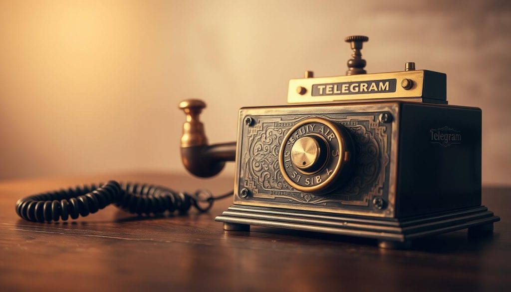 A detailed and well-lit image of a classic telegram device from the early 20th century. The foreground features the key components - the rotary dial, the handset, and the brass body with intricate engravings. The middle ground shows the device resting on a dark wooden table, casting soft shadows. The background is a subtly blurred studio setting with neutral tones, emphasizing the device's vintage aesthetic. The lighting is warm and directional, highlighting the textures and metallic accents. The overall mood is one of nostalgia and historical significance, fitting the topic of Telegram and its origins.