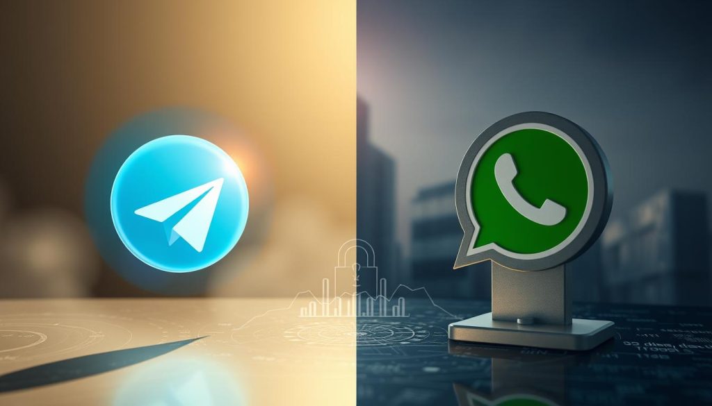A detailed comparison of Telegram and WhatsApp encryption, depicted through a striking visual contrast. In the foreground, a Telegram logo shines with a sleek, modern aesthetic, enveloped in a serene, ethereal glow. Opposite, the WhatsApp logo stands in a more muted, subdued tone, conveying a sense of solidity and reliability. The middle ground showcases intricate data visualization elements, representing the underlying encryption algorithms and security protocols that define the unique strengths of each messaging platform. The background subtly hints at the broader digital landscape, with a softly blurred cityscape or technological motifs providing context. Crisp, high-resolution rendering with a cinematic lighting setup, capturing the nuanced differences between the two messaging giants in a visually compelling manner.