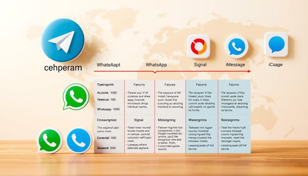 A detailed comparison of Telegram and other popular instant messaging apps, depicted with a visually striking and informative layout. The foreground showcases the Telegram logo alongside the logos of competing services such as WhatsApp, Signal, and iMessage, all rendered in a clean, minimalist style with a subtle 3D effect. The middle ground presents key features and functionalities of each app in an organized grid, allowing for easy side-by-side comparison. The background features a stylized world map, hinting at the global reach and connectivity of these communication platforms. Warm, neutral lighting creates a professional, authoritative tone, while a slightly high camera angle suggests an objective, impartial perspective. The overall composition strikes a balance between visual appeal and informative clarity, making it an effective illustration for the article's comparative section.