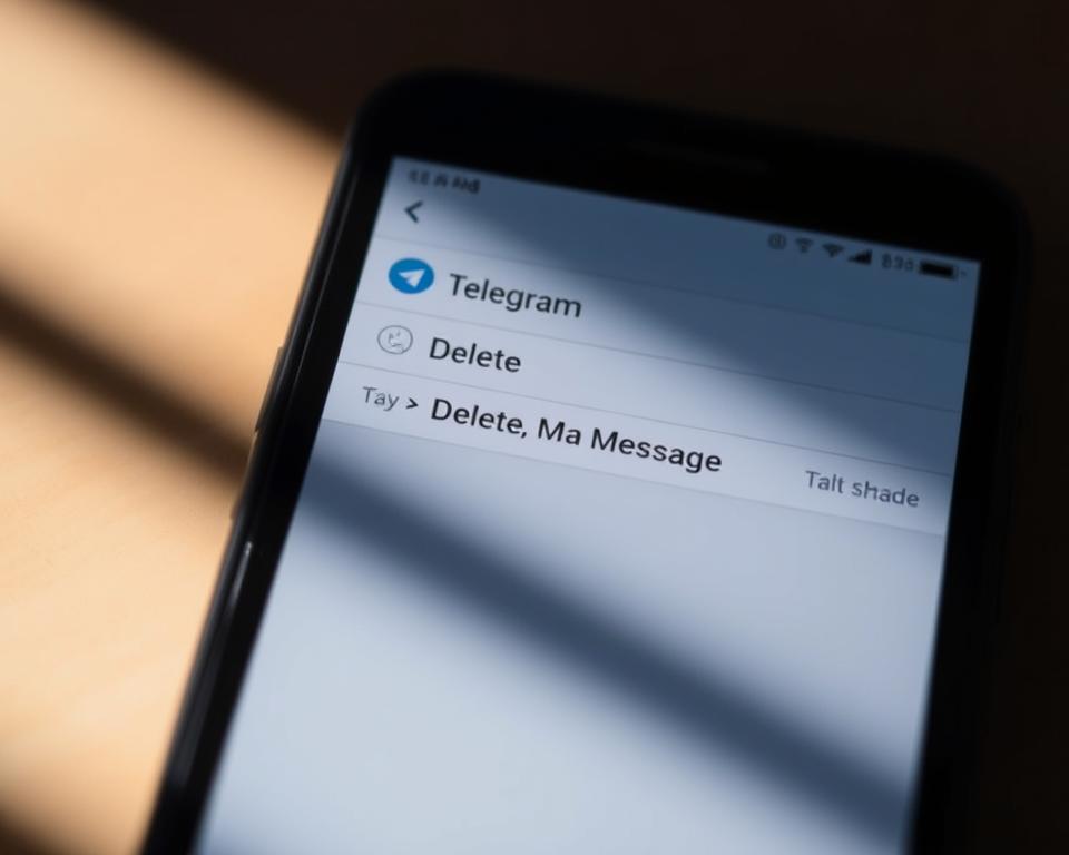A dimly lit, close-up view of a smartphone screen, displaying the Telegram messaging app interface. The focus is on the "Delete Message" options, showcasing the step-by-step process to remove a sent message. The screen is illuminated by a soft, natural light, casting subtle shadows and highlights on the UI elements. The background is blurred, drawing the viewer's attention to the detailed interaction with the app. The overall mood is one of focused task completion, with a clean, minimalist aesthetic reflecting the simplicity of the Telegram deletion workflow.