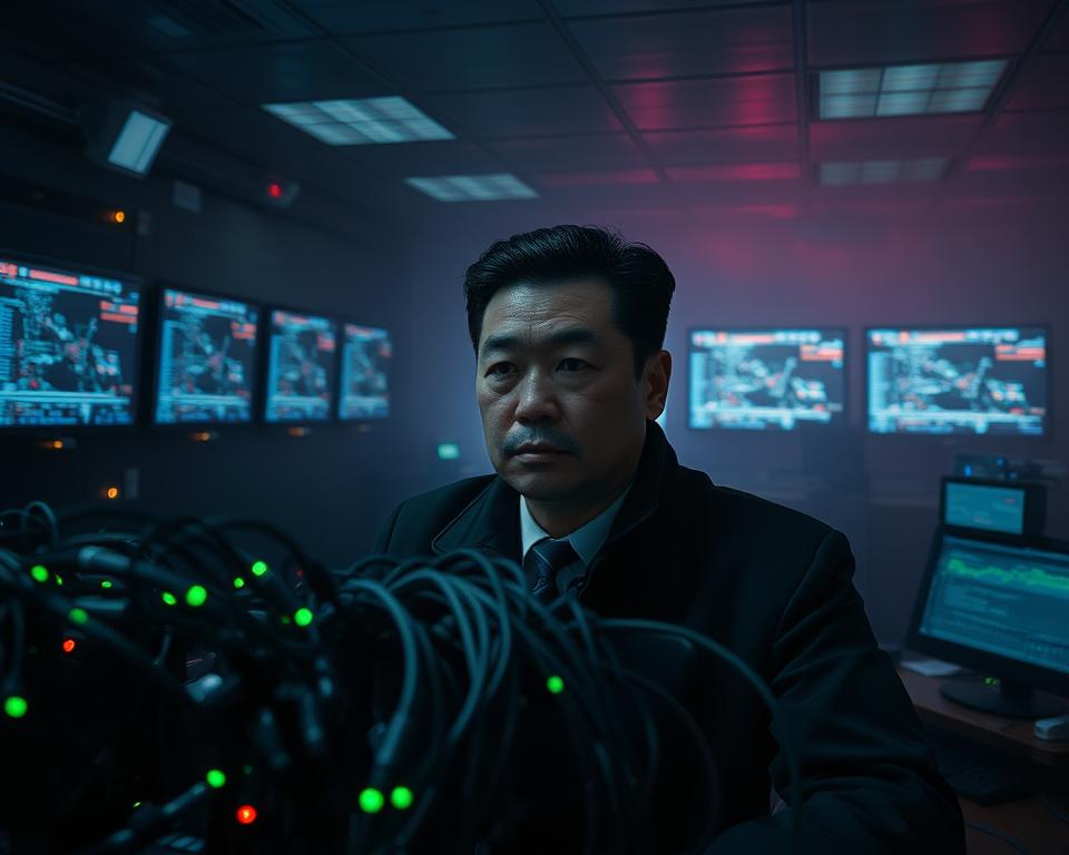 A dimly lit control room, filled with screens and surveillance equipment. In the foreground, a network of data cables and circuits, pulsing with digital activity. In the middle ground, a stern-faced government official monitors the flow of information, their expression one of calculated scrutiny. The background is shrouded in a haze of uncertainty, hinting at the vast and unseen reach of China's digital oversight. The scene conveys a sense of unease and the weight of constant surveillance, casting a foreboding shadow over the use of Telegram within the mainland.