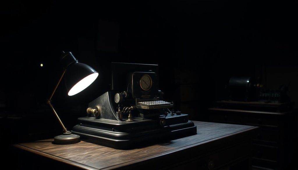 A dimly lit, industrial setting featuring a vintage telegraph machine. The device sits on a sturdy wooden desk, its brass accents gleaming under the soft glow of a nearby lamp. The background is a mixture of shadowy corners and the faint outlines of other office equipment, hinting at the historical context. The scene evokes a sense of nostalgia and the bygone era of analog communication. The lighting creates a warm, contemplative atmosphere, inviting the viewer to imagine the messages that once traveled through this iconic piece of technology.