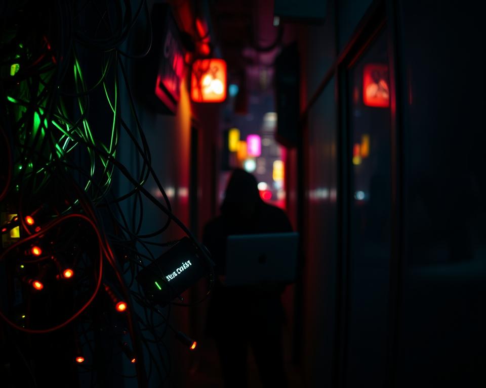 A dimly lit, neon-tinged alley shrouded in a sense of unease and digital peril. In the foreground, a tangle of cables and glowing circuit boards evoke the unseen surveillance and monitoring that can accompany the use of virtual private networks. The middle ground features a shadowy figure hunched over a laptop, their face partially obscured, symbolizing the precarious nature of online privacy. The background is a blurred cityscape, hinting at the broader societal implications of VPN usage in regions with strict internet regulations. The scene conveys an atmosphere of technological vulnerability and the potential consequences of circumventing digital restrictions.