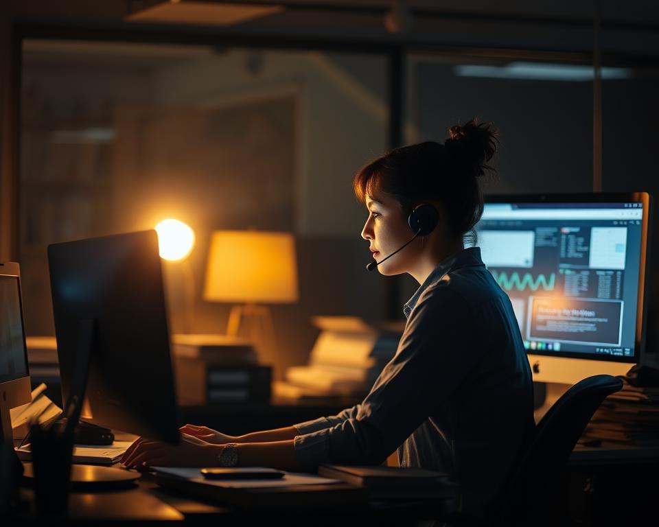A dimly lit office scene, with a customer service representative sitting at a desk, intently focused on a computer screen. The desk is cluttered with documents and office supplies, creating a sense of a busy and productive workspace. Soft, warm lighting illuminates the scene, casting subtle shadows and highlighting the details of the representative's face as they engage with the computer. The background is slightly blurred, conveying a sense of depth and emphasis on the central figure. The overall atmosphere is one of professionalism and efficiency, capturing the essence of providing effective customer support.