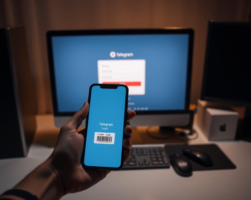 A dimly lit office setting, with a computer screen displaying a Telegram login interface. In the foreground, a hand holding a mobile device, the screen showing a two-factor authentication code. The middle ground features a keyboard and mouse, symbolizing the login process. The background is hazy, evoking a sense of digital security and privacy. Soft, warm lighting illuminates the scene, creating a contemplative atmosphere. The overall composition suggests the necessity and importance of the verification code in accessing Telegram, aligning with the section title.