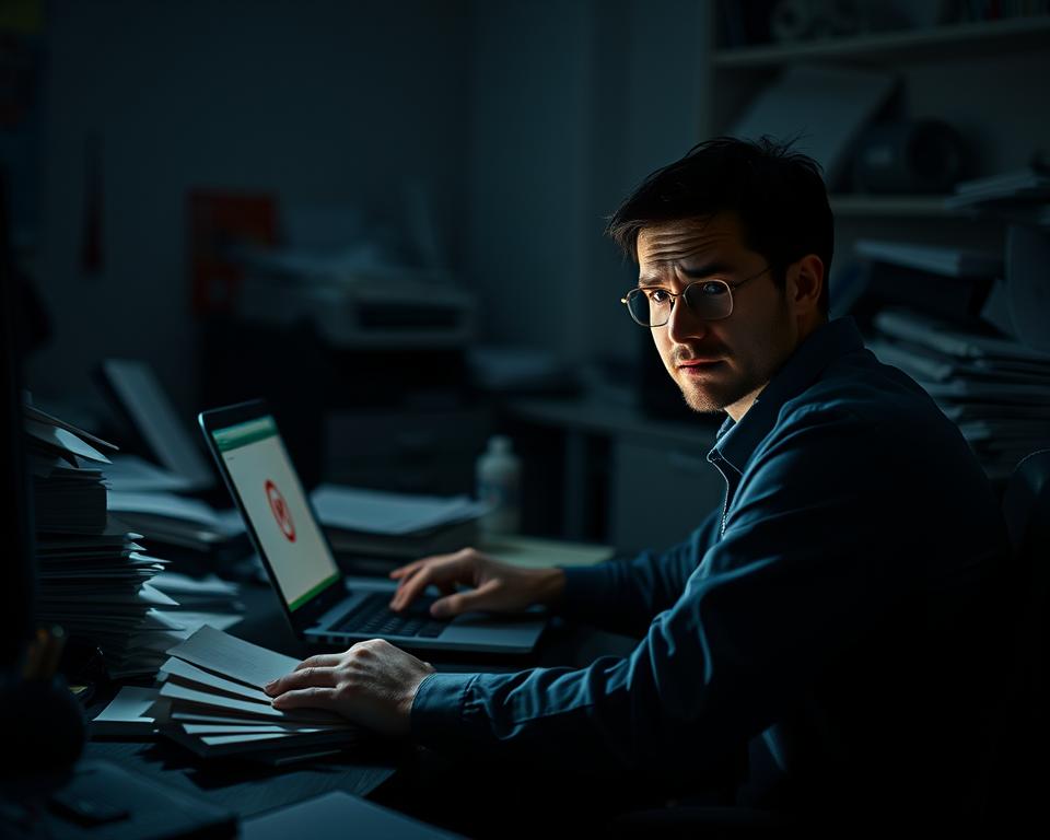 A dimly lit office setting, with a laptop on a cluttered desk surrounded by piles of papers and office supplies. The screen displays a "验证码问题" error message, casting an eerie glow on the user's frustrated expression. The lighting is dramatic, with shadows and highlights accentuating the tension and difficulty of the situation. The camera angle is slightly low, emphasizing the user's sense of being overwhelmed by the technical problem. The overall mood is one of confusion, annoyance, and the need for a solution to this common issue.
