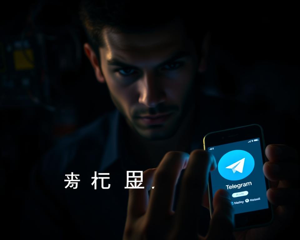 A dimly lit room, the glow of a smartphone screen illuminating a determined face. On the screen, the Telegram app, its logo a beacon in the digital darkness. In the foreground, a hand reaching for the device, fingers poised to navigate the app's interface. The background is a blur of technology - wires, circuits, and the faint hum of data streams. The lighting is moody, casting dramatic shadows that convey the sense of overcoming obstacles. The composition is balanced, with the subject positioned centrally, conveying a sense of focus and resolve. The overall atmosphere is one of determination and problem-solving, reflecting the title "突破限制：Telegram下载的有效方法".