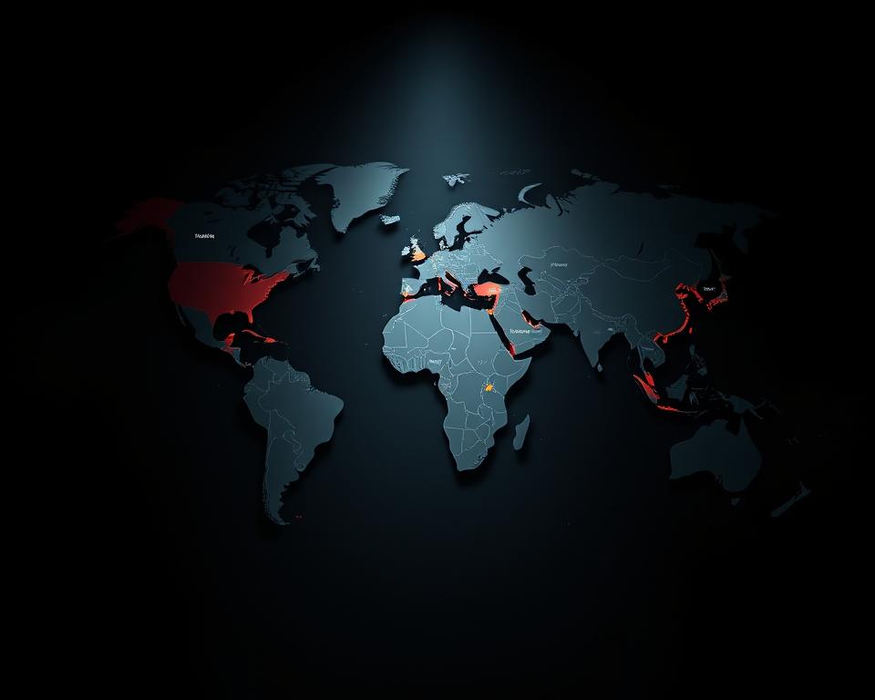 A dimly lit world map, with strategic locations highlighted, illuminating the countries that have banned the use of Telegram. The map is displayed on a sleek, dark background, casting an air of seriousness and importance. Subtle textures and shadows add depth, while a soft, directional light source casts a pensive glow, emphasizing the gravity of the subject matter. The layout is clean and balanced, allowing the viewer to focus on the key information without distractions. The overall impression is one of a comprehensive, authoritative presentation of the topic.