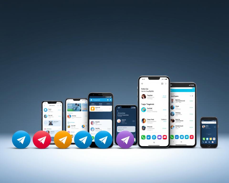 A highly detailed and visually striking illustration of the different versions of the Telegram messaging app, showcased in a clean, minimalist style. The foreground features a row of Telegram app icons in various colors, representing the diverse platforms and device types. The middle ground depicts a series of stylized mobile devices, each displaying a distinct Telegram interface with unique features and functionality. The background is a subdued, gradient-based environment, providing a sleek and modern aesthetic. The lighting is soft and evenly distributed, creating a sense of depth and emphasis on the key elements. The overall composition conveys a sense of technological sophistication and the evolution of the Telegram platform across multiple devices and operating systems.