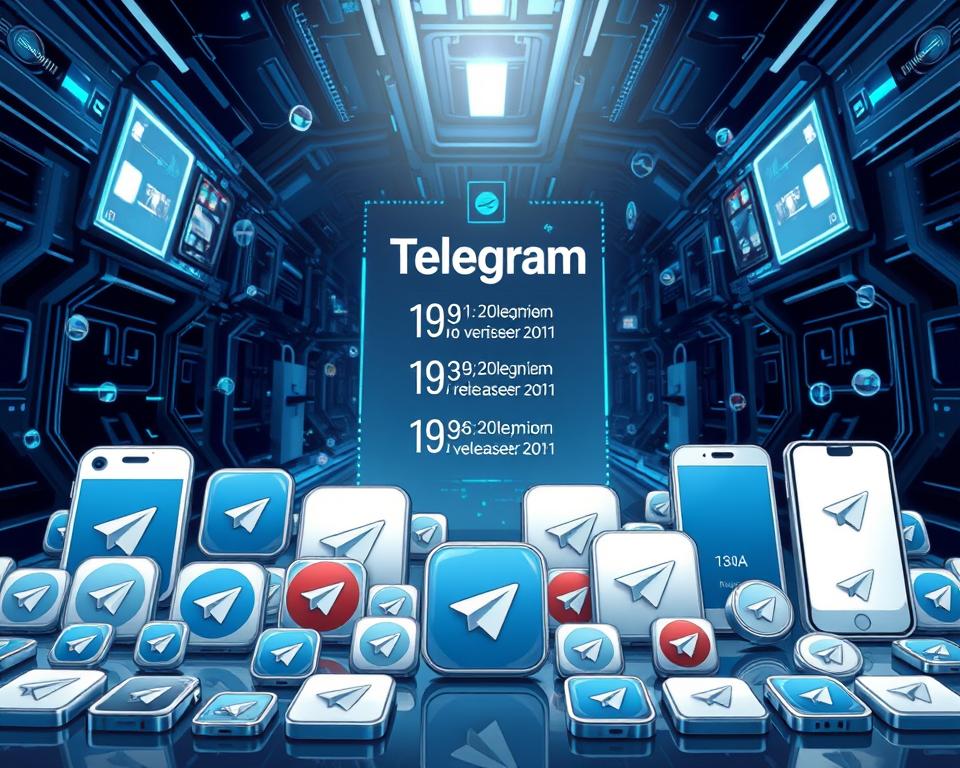 A highly detailed, hyper-realistic illustration of various Telegram app versions, arranged in a visually striking composition. The foreground features a diverse array of Telegram app icons, each with a distinct design and subtle variations, showcasing the evolution of the platform. In the middle ground, a sleek, futuristic display presents key version numbers and release dates, conveyed through a clean, minimalist aesthetic. The background depicts a dynamic, technologically advanced environment, with stylized digital elements and a sense of depth and perspective, emphasizing the constant development and innovation within the Telegram ecosystem. The overall scene is bathed in a cool, subdued color palette, evoking a sense of technological sophistication and progress.