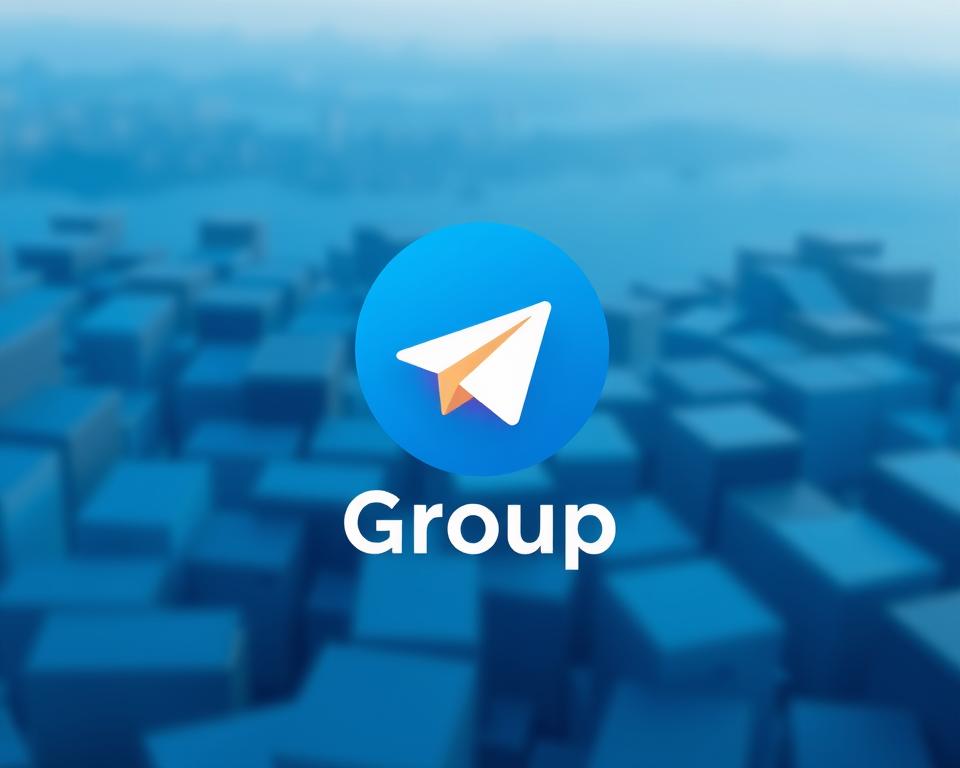 A large, vibrant Telegram group logo floats prominently in the foreground, its signature paper plane icon casting a soft, warm glow. The background is a blurred, minimalist landscape of overlapping rectangular shapes in shades of blue, hinting at the vast, interconnected world of Telegram communities. The overall composition conveys a sense of digital connectivity, collaboration, and the expansive potential of group-based communication.