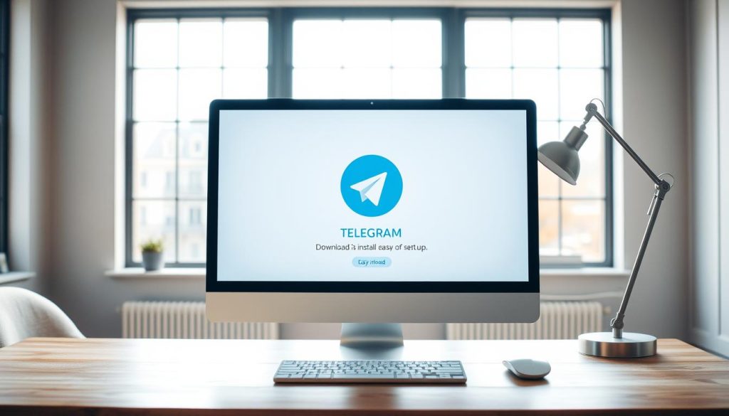 A modern desktop computer with a clean, minimalist design, prominently displaying the Telegram logo on the screen. The computer is placed on a wooden desk, with a stylish desk lamp illuminating the scene. The room has large windows, allowing natural light to stream in and create a warm, inviting atmosphere. The walls are painted in a soothing, neutral color palette, and the overall scene conveys a sense of productivity and efficiency. The focus is on the Telegram installation process, with the computer screen displaying clear, easy-to-follow instructions for downloading and setting up the application.