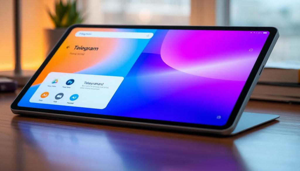 A modern, sleek Telegram app interface displayed on a large tablet device, with a focus on the "Telegram频道创建" feature. The screen shows a clean, minimalist design with vibrant colors and clear icons. The user interface is highly intuitive, with smooth animations and responsive controls. The tablet is positioned on a wooden desk, with a subtle warm lighting creating a calming atmosphere. The composition emphasizes the simplicity and user-friendliness of the Telegram app, inviting the viewer to explore its powerful features.