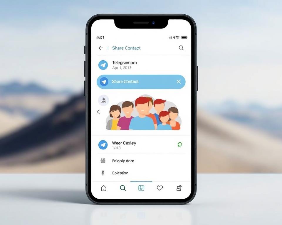 A neatly organized Telegram contact sharing interface, with a clean and minimalistic design. The foreground features a stylized phone display showcasing the "Share Contact" functionality, with smooth UI elements and intuitive controls. The middle ground depicts a group of friendly avatars, symbolizing the act of sharing contact information with others. The background has a subtle gradient or blurred landscape, creating a sense of depth and focus on the central sharing process. The overall mood is one of effortless connectivity, seamless communication, and a positive, collaborative atmosphere.