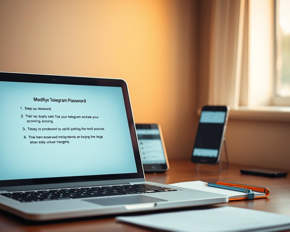 A neatly organized desktop with a laptop, smartphone, and notepad, illuminated by warm, diffused lighting from a window. In the foreground, the laptop screen displays step-by-step instructions for modifying a Telegram password, with clean, legible typography. The middle ground features the smartphone, its screen showcasing the Telegram app interface. In the background, a stylized world map or globe suggests the global reach of the messaging platform. The overall mood is one of focused, efficient productivity, conveying the straightforward process of updating one's Telegram account security.