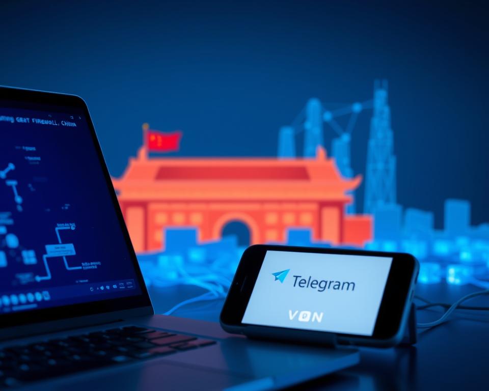 A secure VPN connection establishing access to the Telegram messaging app, with a glowing laptop screen and digital network signals in the foreground. In the middle ground, a smartphone displays the Telegram interface, while the background depicts the Great Firewall of China, represented by a stylized landscape of towering, interconnected network structures. The scene is bathed in a soft, blue-tinted lighting, creating an atmosphere of privacy, technology, and the challenges of digital freedom in a restrictive environment.