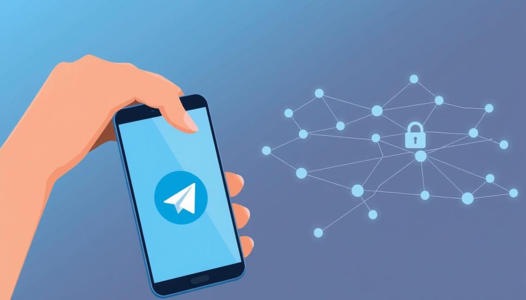 A secure and private communication platform, Telegram, showcased in a digital illustration. In the foreground, a hand holding a mobile device, its screen displaying the Telegram logo amidst a clean, minimalist interface. The middle ground features a network of interconnected nodes, representing Telegram's secure, encrypted data transmission. In the background, a subtle gradient of blues and grays sets a calming, technological atmosphere, conveying the reliability and trustworthiness of Telegram's privacy protection measures. Soft, directional lighting illuminates the scene, creating depth and emphasizing the platform's attention to user privacy and security.