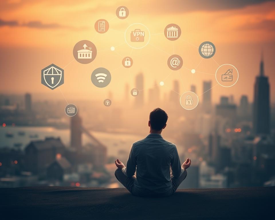 A serene and contemplative scene of VPN selection. In the foreground, a thoughtful figure sits cross-legged, studying various VPN icons and logos floating before them, each promising security, speed, and privacy. The middle ground features a network of interconnected nodes and data streams, casting a soft, ambient glow. In the background, a city skyline recedes into the distance, hinting at the global connectivity facilitated by the VPN technology. The lighting is warm and diffused, creating a sense of tranquility and focused introspection. The camera angle is slightly elevated, lending a sense of thoughtful observation to the scene.