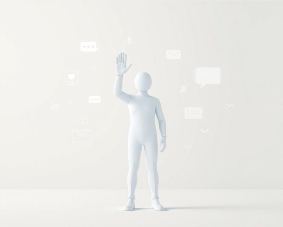 A serene digital environment with a person standing resolutely, raising their hand in a gesture of refusal. The figure is rendered in a clean, minimalist style, conveying a sense of control and empowerment. In the background, subtle icons and symbols suggest the digital realm, including stylized representations of notifications, messages, and social media interactions. The overall tone is one of calm assertiveness, reflecting the ability to set boundaries and protect one's digital space.