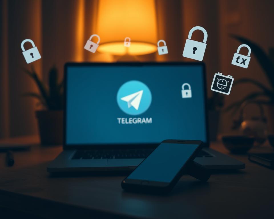 A serene, dimly lit home office setting with a laptop, smartphone, and security-focused digital icons floating around. The laptop screen displays the Telegram logo, hinting at the app's security features. Warm, ambient lighting creates a cozy, contemplative atmosphere, while subtle shadows and highlights add depth and dimension. The smartphone, placed prominently, suggests the importance of mobile security in the context of Telegram. The digital icons, such as lock symbols, encryption keys, and two-factor authentication prompts, convey the advanced security measures associated with the messaging app. The overall composition strikes a balance between technology and a sense of personal, private space, reflecting the section's focus on enhancing Telegram account security.