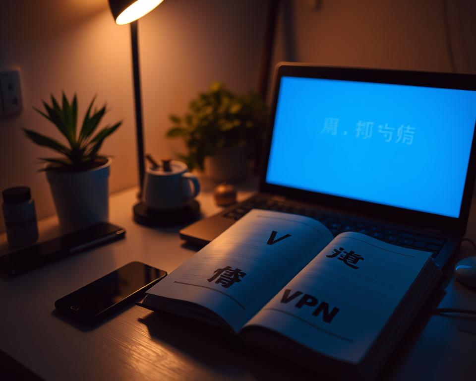 A serene, dimly lit scene of a desktop setup with a laptop, smartphone, and an open book displaying the phrase "电报VPN推荐" in Chinese characters. The laptop screen casts a soft, blue-hued glow, illuminating the workspace. Discreet desk accessories and a potted plant add a touch of warmth to the cozy, focused environment. The lighting is subdued, creating a contemplative atmosphere suitable for research and decision-making regarding the best VPN options for Telegram usage.