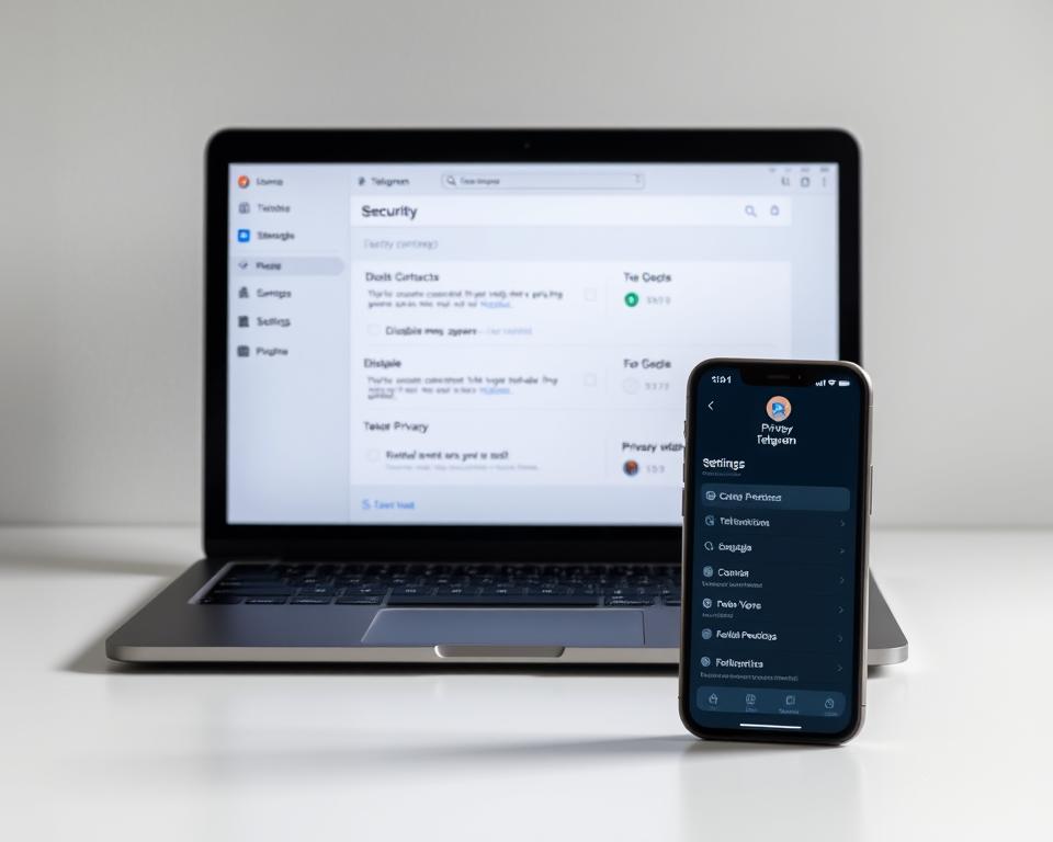 A serene, minimalist desktop scene with a laptop and smartphone prominently displayed. The laptop screen shows Telegram's security settings interface, highlighting options to block contacts, disable message previews, and control media permissions. The smartphone's screen mirrors the Telegram app's profile page, indicating privacy and security settings. Soft, diffused lighting creates a calming atmosphere, emphasizing the importance of privacy and security. The overall composition conveys a sense of control and customization over one's Telegram experience.