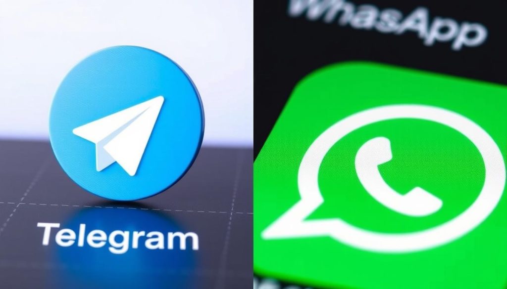 A side-by-side comparison of the iconic logos and user interfaces of the popular messaging apps Telegram and WhatsApp. The Telegram logo, a bold geometric paper plane, stands prominently in the foreground, its sleek minimalist design contrasting with the familiar green WhatsApp icon in the middle ground. The background features a subtle grid pattern, hinting at the technological foundations of these digital communication tools. The overall composition conveys a sense of clarity and functionality, capturing the essence of the differences between these two ubiquitous messaging platforms.