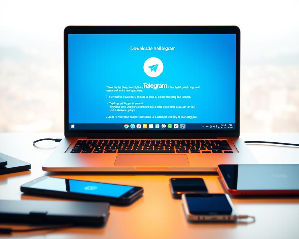 A sleek and modern laptop situated on a clean, minimalist desk, the screen displaying step-by-step instructions for downloading and installing the Telegram desktop application. The laptop is bathed in warm, diffused lighting, creating a welcoming and productive atmosphere. In the foreground, various electronic devices such as a smartphone and tablet are arranged, showcasing the versatility of the Telegram platform across multiple devices. The background features a subtle, blurred cityscape, hinting at the global reach and connectivity of the Telegram messaging service. The overall scene conveys a sense of ease and efficiency in setting up Telegram on a personal computer.