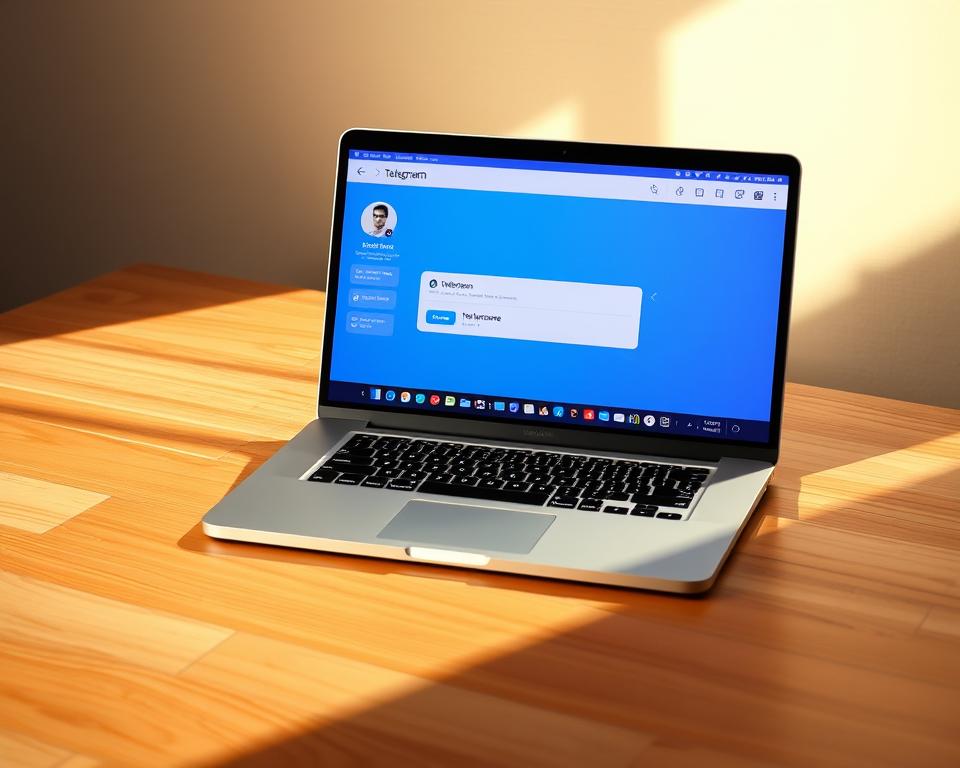 A sleek, modern Telegram interface displayed on a laptop screen, showcasing the process of viewing a user's username. The laptop is placed on a minimalist wooden desk, bathed in warm, directional lighting that casts subtle shadows. The screen's display presents a clean, intuitive user experience, highlighting the user's profile and the option to view their username. The overall scene conveys a sense of simplicity, technological elegance, and ease of use, reflecting the subject matter of the article.