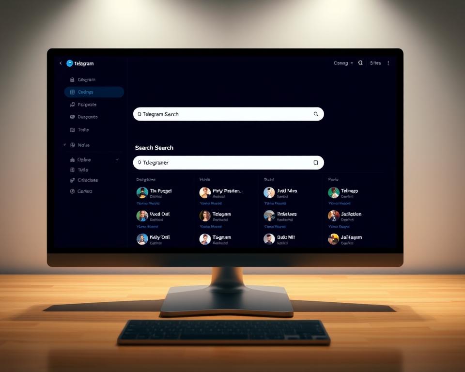 A sleek, modern desktop interface showcasing a Telegram user search functionality. In the foreground, a search bar occupies the center of the screen, surrounded by a clean, minimalist design with subtle gradients and soft shadows. The middle ground features a list of Telegram user profiles, each with a profile picture, username, and online status indicator. The background maintains a muted, blurred effect, allowing the user search experience to take center stage. Lighting is soft and diffused, creating a pleasant, inviting atmosphere. The overall impression is one of efficiency, simplicity, and a focus on the core task of finding and connecting with Telegram users through their usernames.