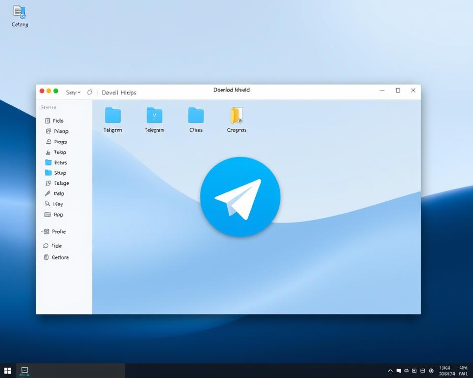 A sleek, modern desktop interface showcasing the file directory structure for Telegram's default download location. The foreground features a clean, minimalist file explorer window with a well-organized hierarchy of folders and subfolders. The middle ground displays a large, high-resolution Telegram app icon, hinting at the software's integration with the file management system. The background subtly blends shades of blue and gray, evoking a sense of digital professionalism. Soft, diffused lighting creates depth and highlights the various UI elements. The overall scene conveys a user-friendly, streamlined experience for customizing Telegram's download directory.