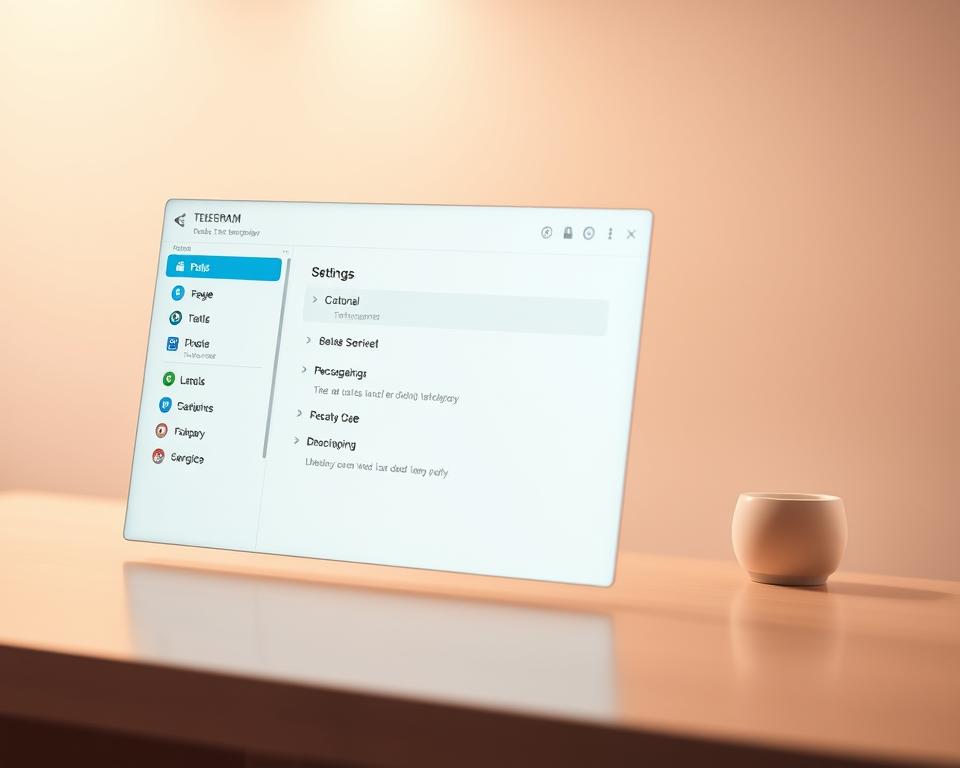 A sleek, modern desktop interface with a Telegram app window prominently displayed. The window features a clean, minimalist design with a light, airy color palette. The app's settings menu is open, showcasing various configuration options against a slightly blurred background. Soft, diffused lighting creates a warm, inviting atmosphere, while the camera angle provides a slightly elevated perspective, giving the scene a sense of depth and sophistication. The overall impression is one of a polished, user-friendly experience, perfectly suited to illustrate the "成功安装后的设置与连接" section of the article.