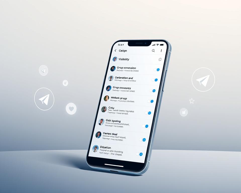 A sleek, modern illustration depicting the visibility of Telegram groups. In the foreground, a smartphone screen displays a Telegram interface, showcasing a list of group conversations with varying visibility settings. The middle ground features elegant, minimalist icons and UI elements that visually communicate the concept of "group visibility". The background is a subdued, gradient-based environment, creating a sense of depth and focus on the central subject matter. The overall aesthetic is clean, sophisticated, and reflects the technical nature of the topic. Subtle lighting and camera angles emphasize the digital, screen-based nature of the scene.