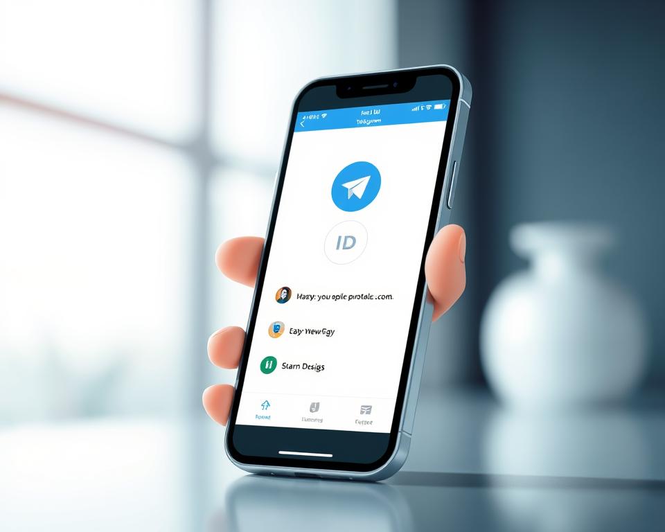 A sleek, modern illustration of the Telegram ID feature. A stylized smartphone display in the foreground showcases the Telegram ID interface, with clean lines, vibrant colors, and intuitive icons. The background blurs gently, highlighting the focus on the ID functionality. Lighting is soft and diffused, creating a sense of sophistication. The overall composition is balanced and visually appealing, conveying the utility and user-friendliness of the Telegram ID feature.