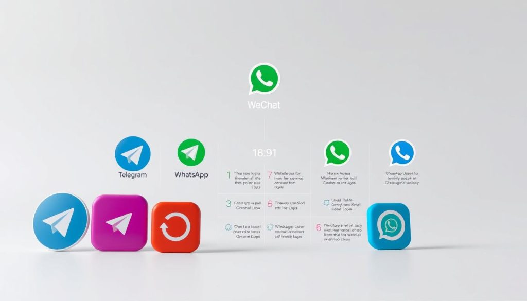A vibrant and visually striking comparison of Telegram and other leading communication apps, set against a clean, minimalist background. In the foreground, expertly rendered icons and logos for Telegram, WeChat, WhatsApp, and others, meticulously detailed to highlight their distinct branding and design. The middle ground showcases a series of comparative data points, conveyed through elegant infographic-style elements that emphasize the key features, user base, and functionality of each platform. The background features a subtle gradient or pattern, lending a sense of depth and sophistication to the overall composition. Captured with a wide-angle lens and soft, diffused lighting to create a balanced, professional aesthetic suitable for an informative article.