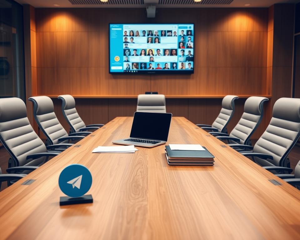 A well-lit, modern office setting with a large, wooden conference table surrounded by ergonomic chairs. On the table, a laptop, a stack of papers, and a Telegram logo paperweight. In the background, a wall-mounted display showcases a group chat interface with members' avatars. The lighting is warm and diffused, creating a professional yet collaborative atmosphere. The camera angle is slightly elevated, capturing the scene from an overhead perspective to emphasize the group management aspect. The overall composition conveys the efficient organization and administration of a large Telegram group.