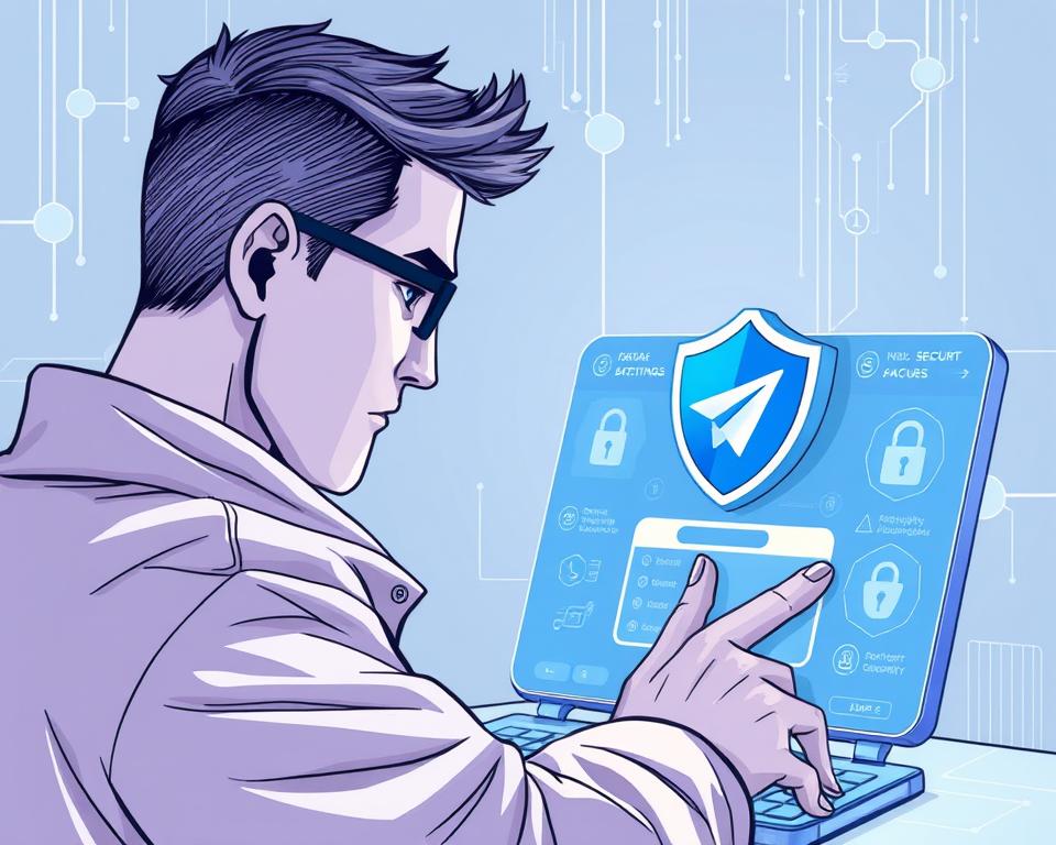 a detailed digital illustration of a person securely protecting their Telegram account, with a focused expression and determined posture. The foreground depicts the user carefully managing account settings and security features on a sleek, futuristic Telegram interface. The middle ground shows various security icons and visual indicators, conveying the importance of account protection. The background features a minimalist, technologically-advanced environment with subtle grid patterns and digital textures, setting an atmosphere of digital privacy and cybersecurity.