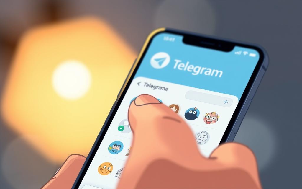 A close-up view of a smartphone screen displaying the Telegram messaging app interface. The foreground shows a finger tapping on the "+" icon, revealing a menu of available sticker options. The middle ground features a sleek, modern design with clean lines and a minimalist aesthetic. The background is blurred, creating a soft, ambient focus on the core action. The lighting is soft and diffused, casting a warm, inviting glow on the screen. The overall atmosphere conveys a sense of simplicity, intuitiveness, and seamless integration of technology into everyday life.