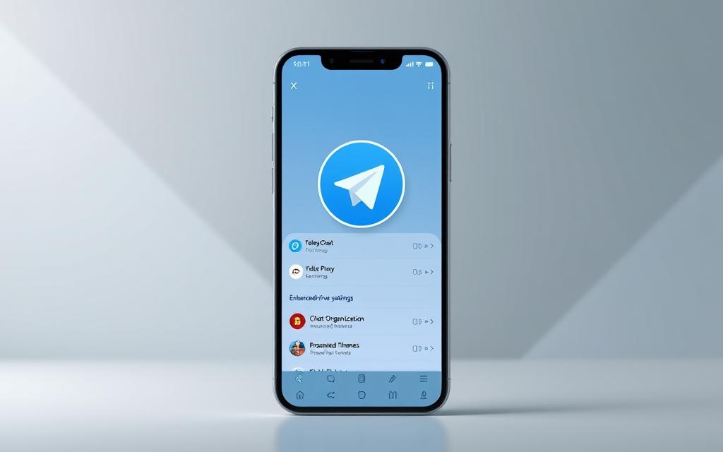 A modern and stylish mobile app interface featuring the Telegram X logo, set against a minimalist background with subtle gradients and geometric patterns. The foreground showcases the app's customization options, with toggles, sliders, and icons neatly arranged in a clean, user-friendly layout. The middle ground highlights key features like enhanced privacy settings, advanced chat organization, and personalized themes. The background conveys a sense of digital elegance, with muted colors and a sleek, futuristic aesthetic. Soft lighting and a shallow depth of field draw the viewer's attention to the app's intuitive and visually appealing design.