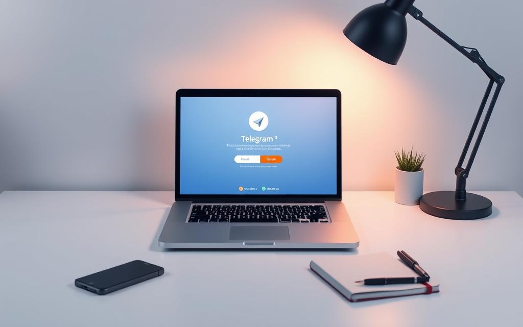 A modern, minimalist desktop scene with a centered laptop computer displaying the Telegram app download page. The laptop is surrounded by a few essential office accessories like a smartphone, notebook, and pen. The lighting is soft and warm, creating a cozy, productive atmosphere. The background is a simple, uncluttered white or light gray. The overall composition guides the viewer's attention to the laptop screen and the Telegram download process.